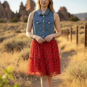 AMERICAN RAG DRESS, SLEEVELESS DENIM TOP, RED FLORAL SKIRT. RODEO, WESTERN, FAIR